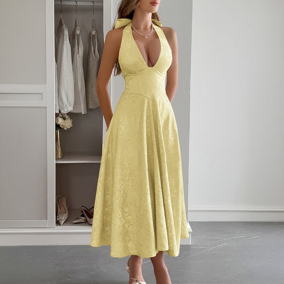 Damen Elegantes Midikleid mit tiefem V-Ausschnitt und fließendem Rock Echo Archiv