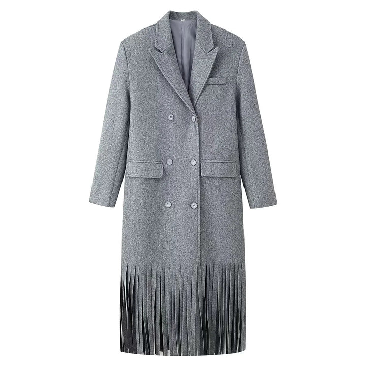 Damen langer zweireihiger Wollmix Mantel mit Fransenabschluss und Pattentaschen – Montévia