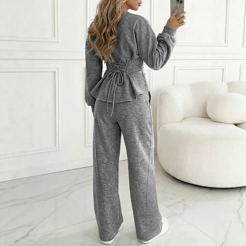 Damen Zweiteiliges Loungewear-Set aus Melange‑Jersey mit weitem Bein und Rundhalsausschnitt – Élanora