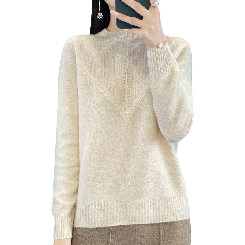 Damen Lockerer Mohair‑Blend Pullover mit strukturierter V‑Paneel und Stehkragen Echoarchiv
