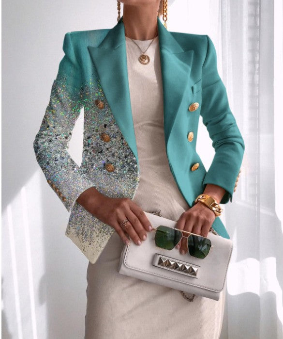 Damen Taillierter Doppelreihiger Blazer mit markanter Schulter, Goldknöpfen und Glitzer-Ombré – Valéne
