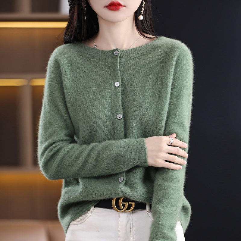 Damen Kurzgeschnittener Cardigan in Mohair‑Optik mit Rundhalsausschnitt und Perlmuttknöpfen Echoarchiv