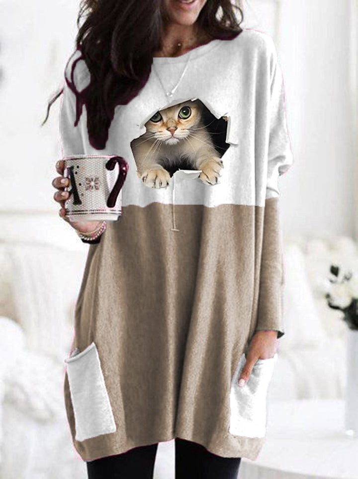 Frauen Längerer Colorblock Strickpullover mit Katzenmotiv und aufgesetzten Taschen Echoarchiv