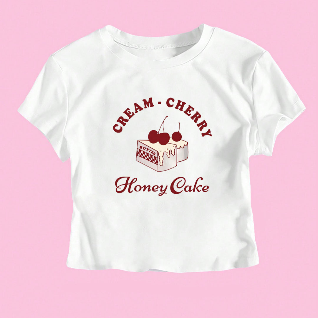 Damen Crop-T-Shirt mit kreativem Dessert-Motiv und modernem Schnitt Echo Archiv
