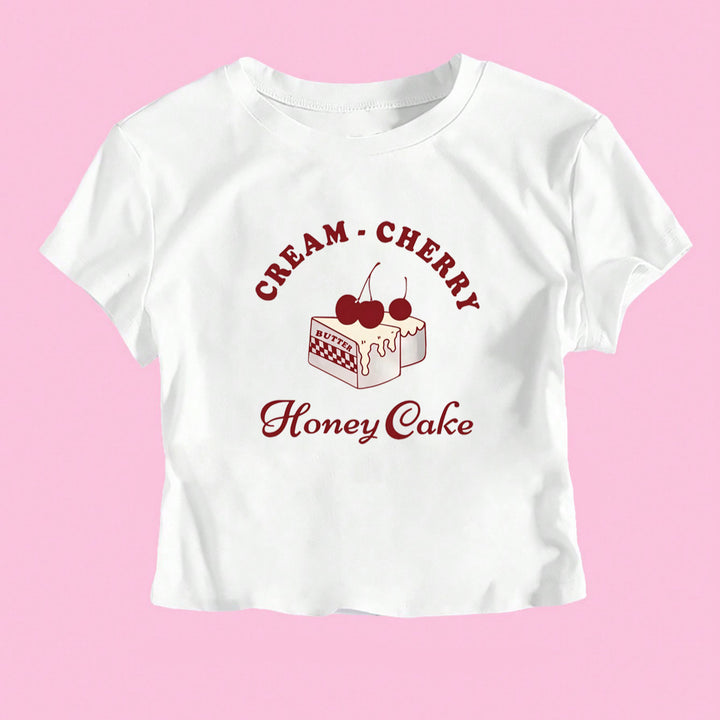 Damen Crop-T-Shirt mit kreativem Dessert-Motiv und modernem Schnitt Echo Archiv