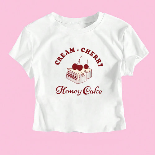 Damen Crop-T-Shirt mit kreativem Dessert-Motiv und modernem Schnitt Echo Archiv