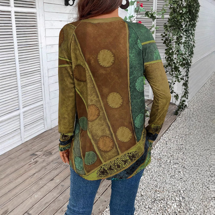 Damen Langarmshirt mit Boho-Print und Patchwork-Ärmeln – Avérine