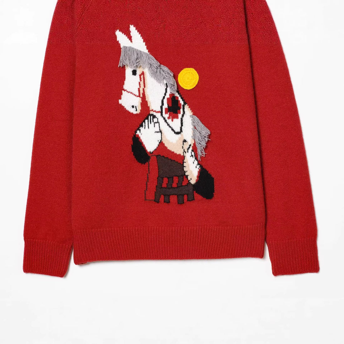Damen Strickpullover mit Pferde-Motiv und Fransenapplikation, Oversize-Rundhals Echoarchiv