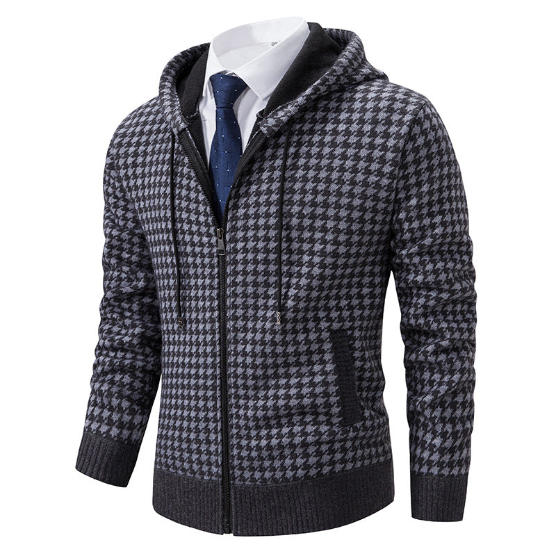 Herren gemütlicher Strickpullover mit modernem Karomuster und Kapuze Echoarchiv