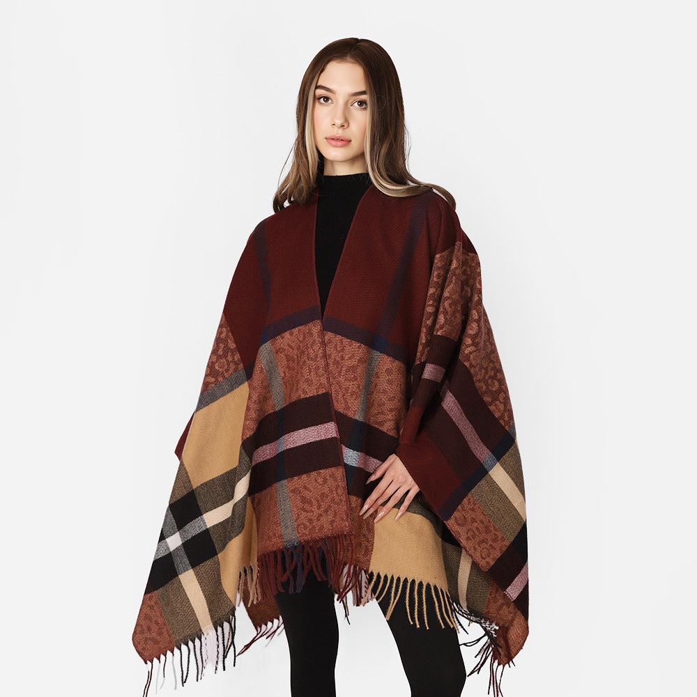 Damen Übergroßer Poncho mit Fransen und Karomuster Echo Archiv