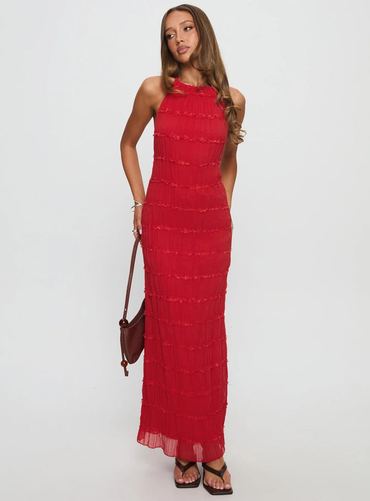 Damen Maxikleid mit schulterfreiem Design und fließenden Rüschen Echo Archiv