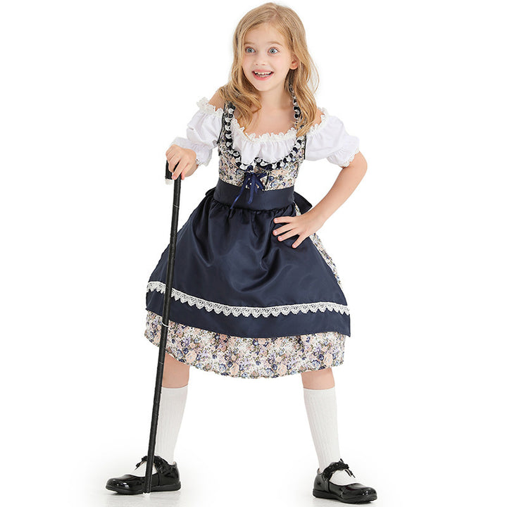 Damen nan kurzes Trachtenkleid mit floraler Miederstickerei, Schnürkorsage und Spitzen-Schürze Echo Archiv
