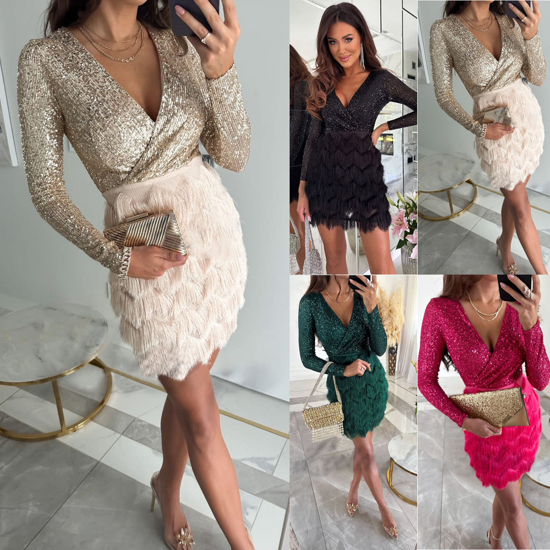 Damen Shiny Wickel-Mini-Kleid mit Pailletten-Oberteil und Feder-Tierrock Echoarchiv