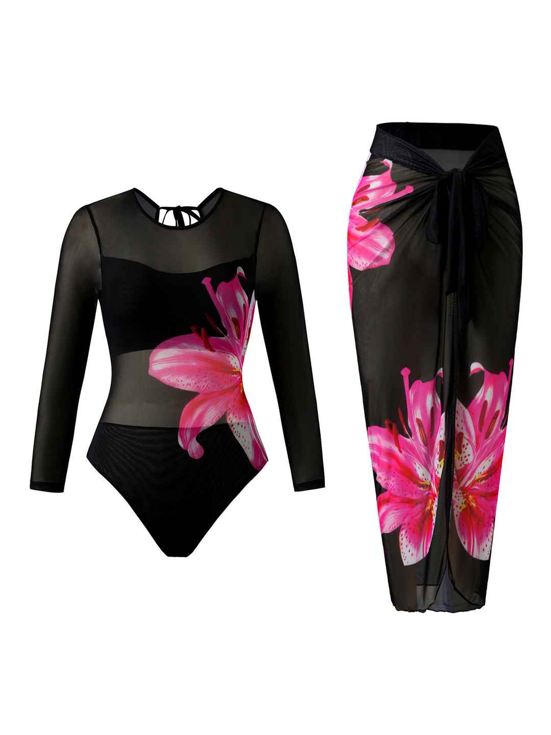 Damen Eleganter Badeanzug mit langem Arm und transparente Wickelrock Echo Archiv