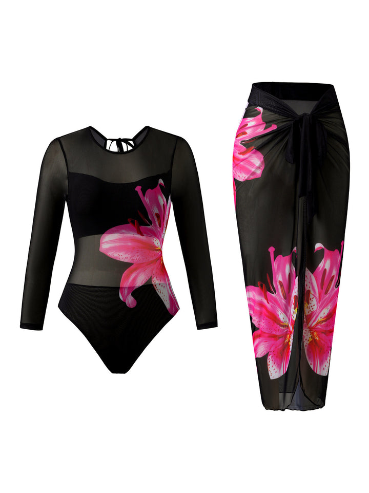 Damen Eleganter Badeanzug mit langem Arm und transparente Wickelrock Echo Archiv