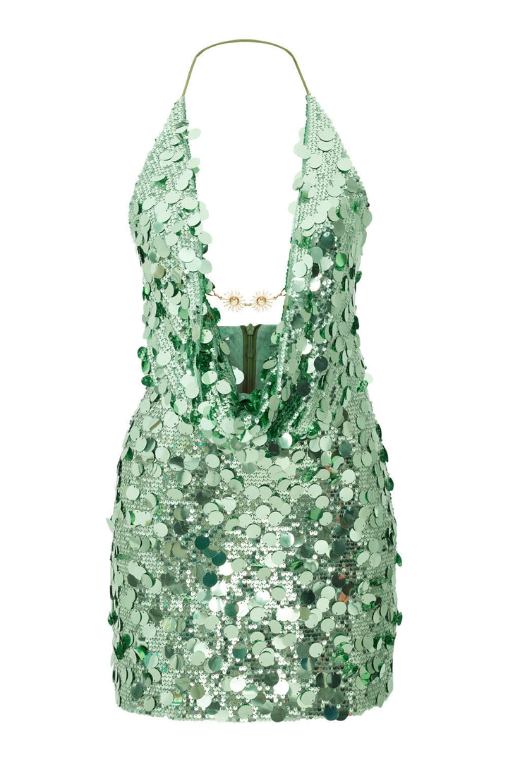 Damen Glitzerndes Minikleid mit tiefem V-Ausschnitt und Troddel-Applikationen Echo Archiv