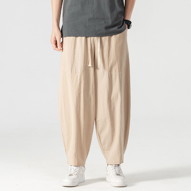 Herren Lässige Leinen-Baumwoll-Hose mit weitem Bein, Kordelzug und aufgesetzten Taschen Echoarchiv