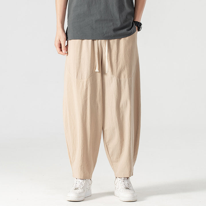 Herren Lässige Leinen-Baumwoll-Hose mit weitem Bein, Kordelzug und aufgesetzten Taschen Echoarchiv