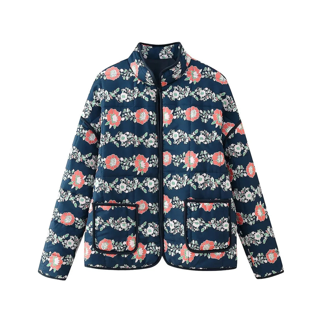 Damen gesteppte Kurzjacke mit floralem Allover-Print, leichter Wattierung, Stehkragen und aufgesetzten Taschen – Célinea