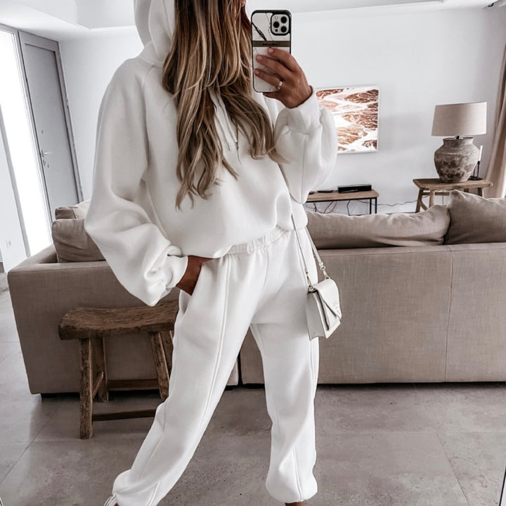 Damen kuscheliges Lounge-Zweiteiler-Set mit oversized Kapuzenpullover, Balloon-Ärmeln und taillierter Jogginghose – Auréline