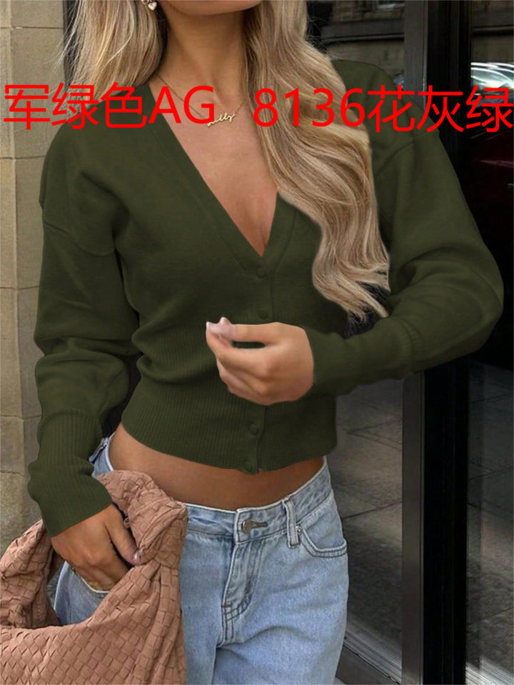 Damen taillierte Cropped-Strickjacke mit tiefem V-Ausschnitt, geripptem Bund und durchgehender Knopfleiste – Veloura