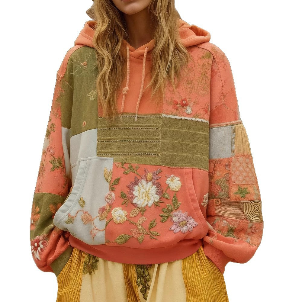 Damen Bestickter Patchwork-Kapuzenpullover mit Blumenapplikation und Kängurutasche – Auréline