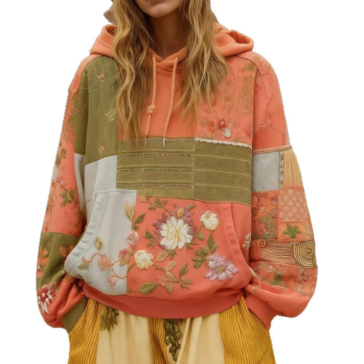 Damen Bestickter Patchwork-Kapuzenpullover mit Blumenapplikation und Kängurutasche – Auréline