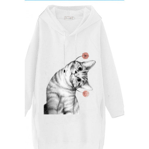 Damen Oversize Kapuzenkleid aus Sweat mit großem Katzenprint und Seitentaschen – Auréline
