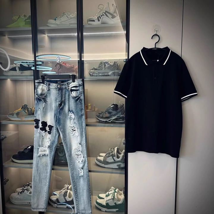 Herren Modische Ripped Denim Jeans mit kreativem Schnitt Echoarchiv
