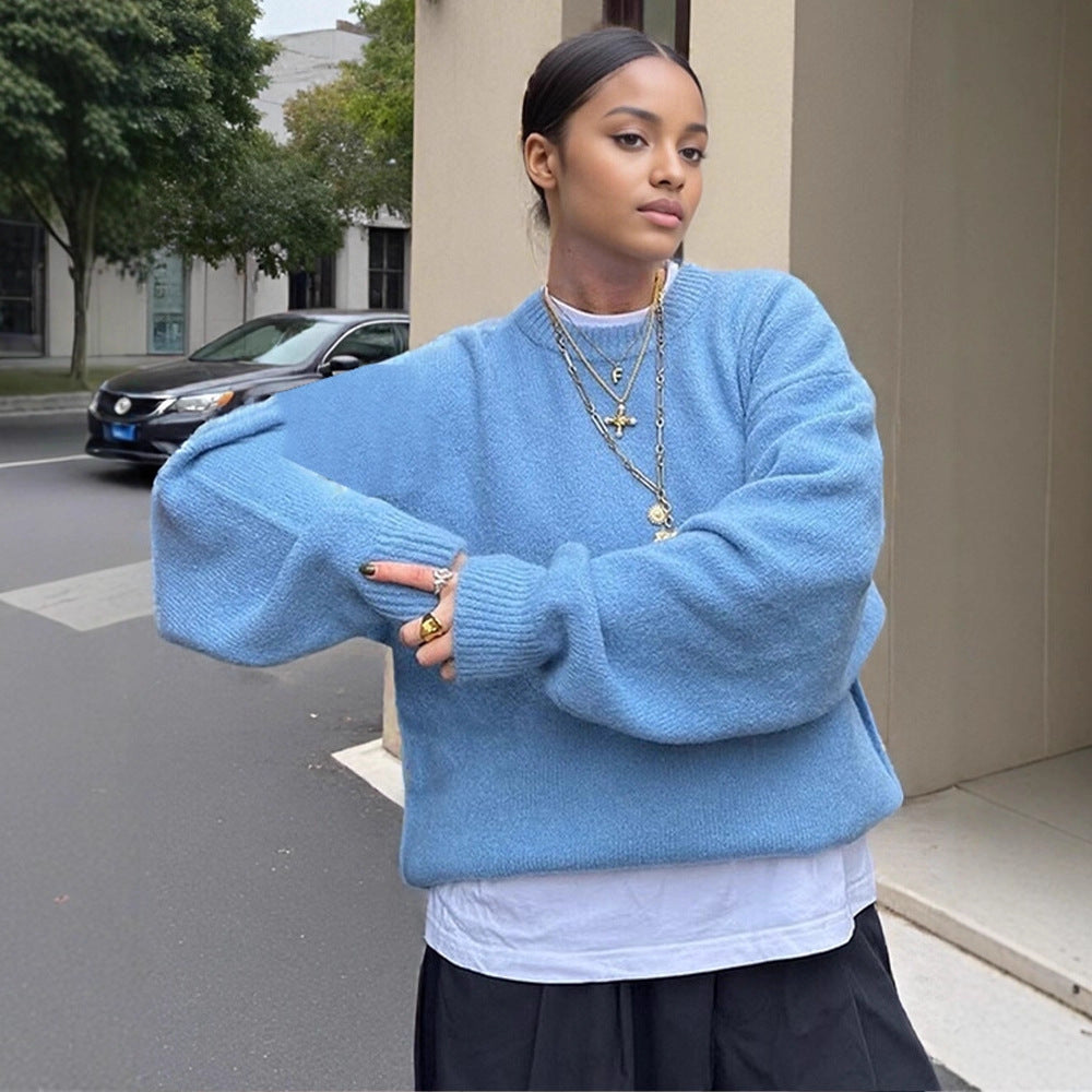 Damen Flauschiger Boxy Strickpullover aus Alpaka-Mix mit weitem Rundhalsausschnitt Echoarchiv
