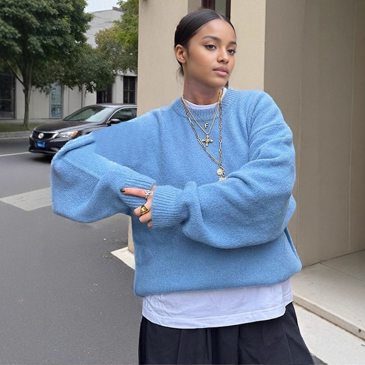 Damen Flauschiger Boxy Strickpullover aus Alpaka-Mix mit weitem Rundhalsausschnitt Echoarchiv