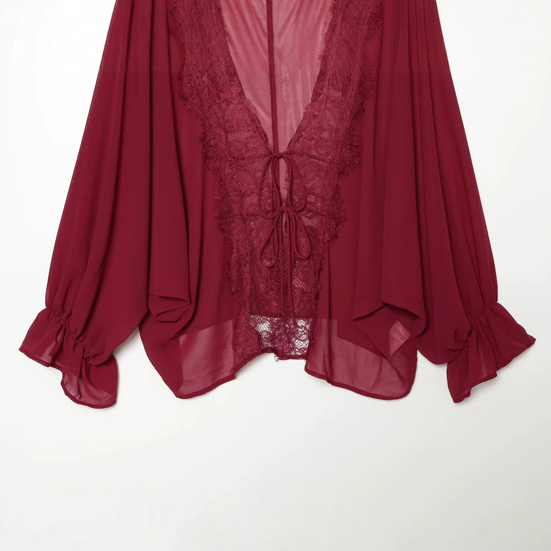 Damen Fließende Kimono‑Bluse mit Spitzenbesatz und Bindeband Echoarchiv