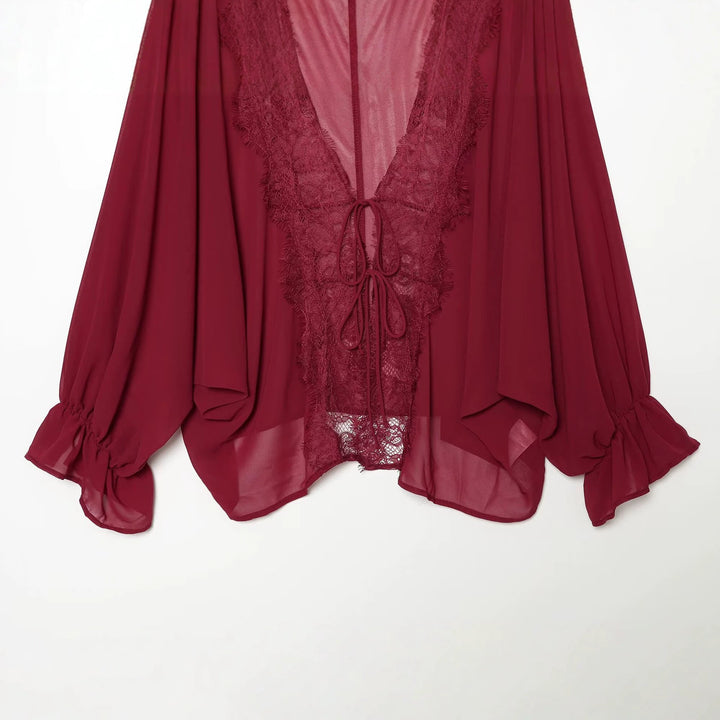 Damen Fließende Kimono‑Bluse mit Spitzenbesatz und Bindeband Echoarchiv
