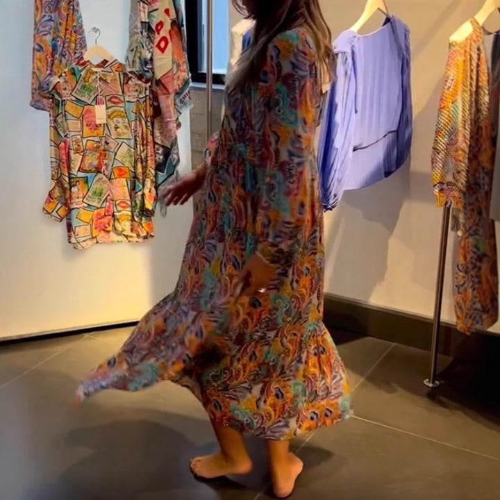 Damen nan Stufenmaxikleid im Boho-Stil mit Paisley-Print, V-Ausschnitt, geraffter Empire-Taille und elastischen Manschetten Echo Archiv