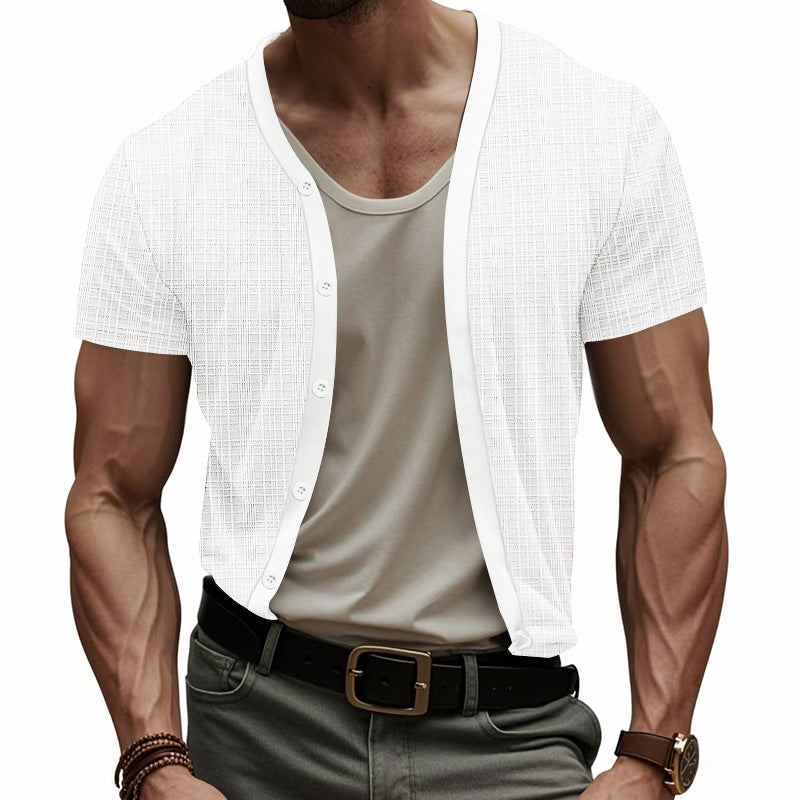 Herren lässiger Kurzarm-Cardigan mit strukturiertem Design und Knopfleiste Echoarchiv