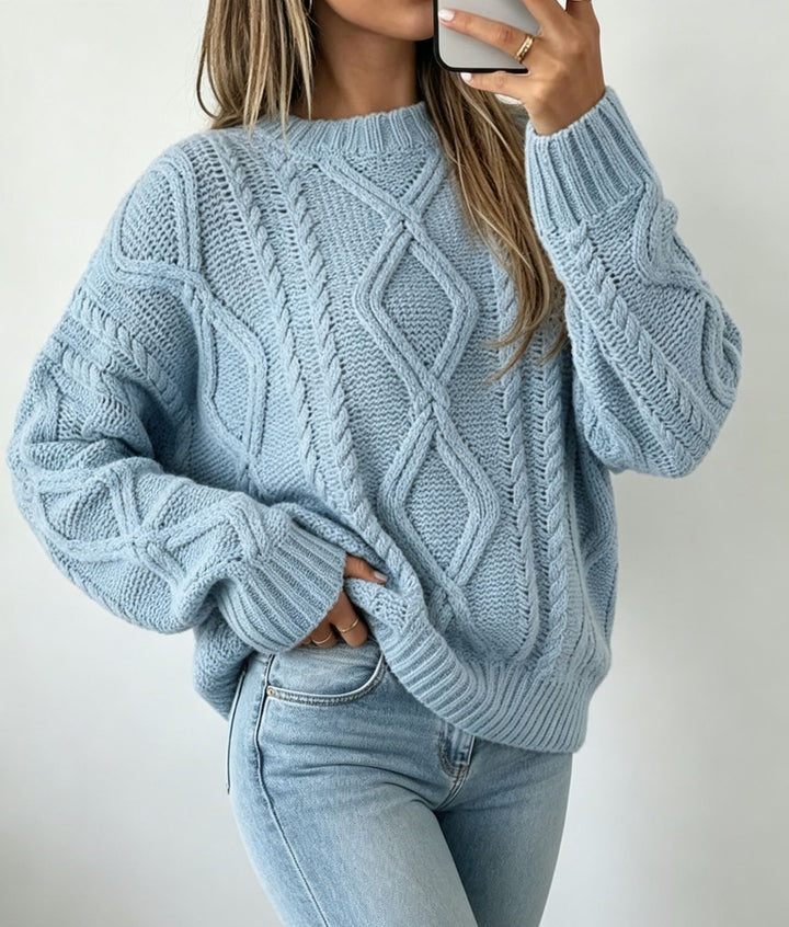 Damen Oversize Flechtstrick-Pullover mit Zopfmuster und Rundhals – Mavelle