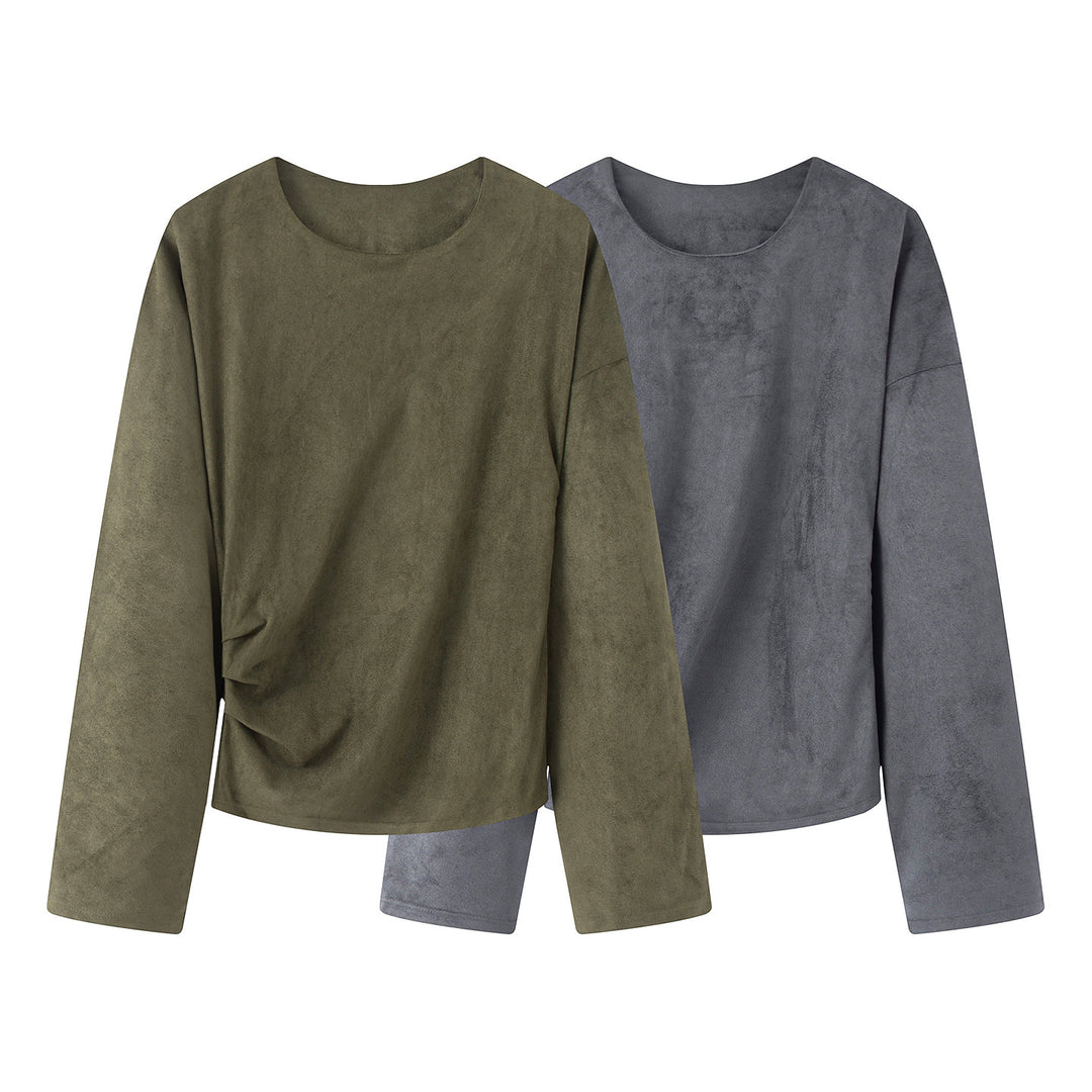 Damen nan Oversize-Langarmshirt mit seitlicher Drapierung und samtiger Wildlederoptik Echo Archiv