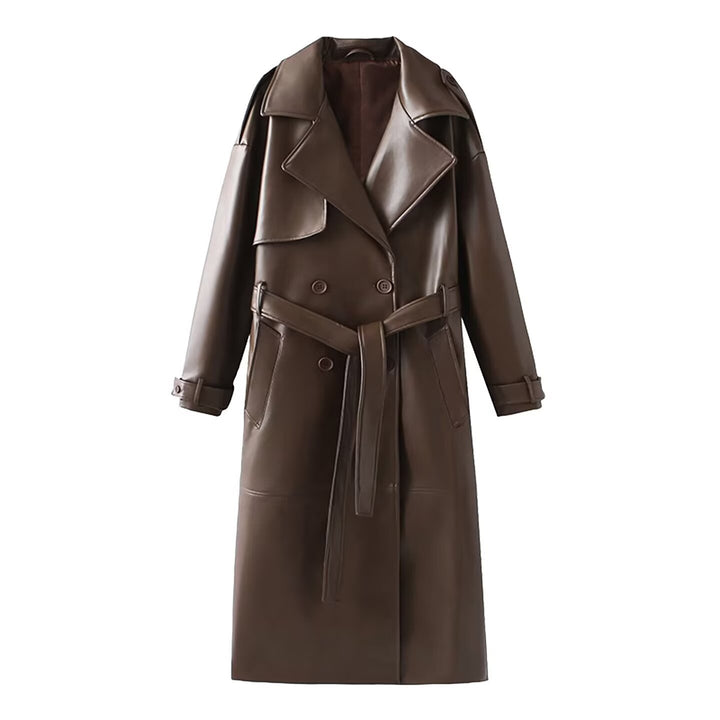 Damen 40+ langer Trenchcoat aus Kunstleder mit Taillengürtel und doppelreihiger Knopfleiste Echo Archiv