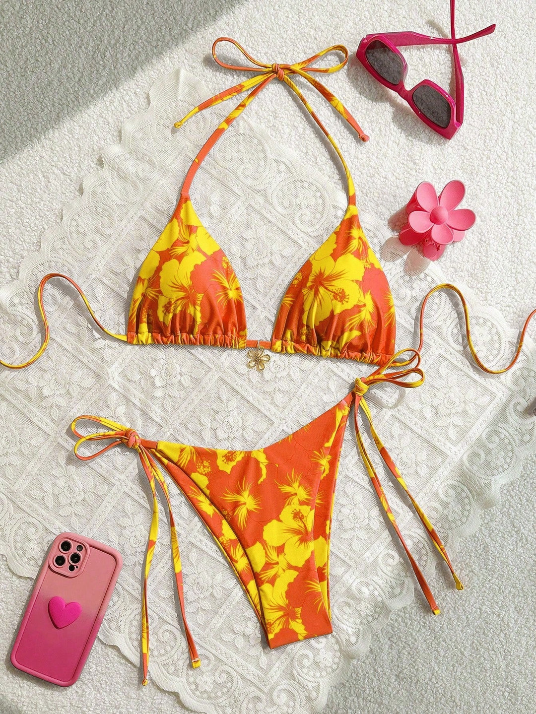 Damen Triangel-Bikini mit floralen Akzenten und raffinierten Bindebändern Echo Archiv