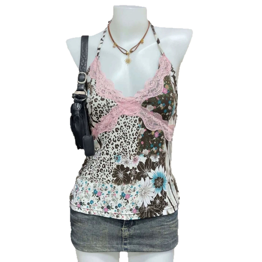 Damen Verspieltes Haltertop mit floralem und Leopardenmuster Echo Archiv