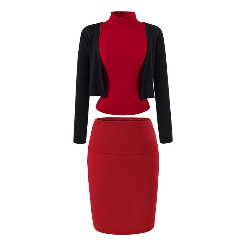 Damen Zweiteiliges Business-Strickset mit Rollkragen-Top, Bolero und Bleistiftrock Echoarchiv