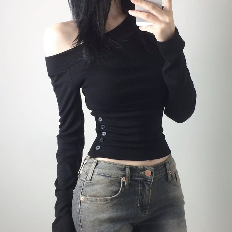 Damen nan schulterfreies Langarmshirt mit taillierter Silhouette und seitlicher Knopfleiste Echo Archiv