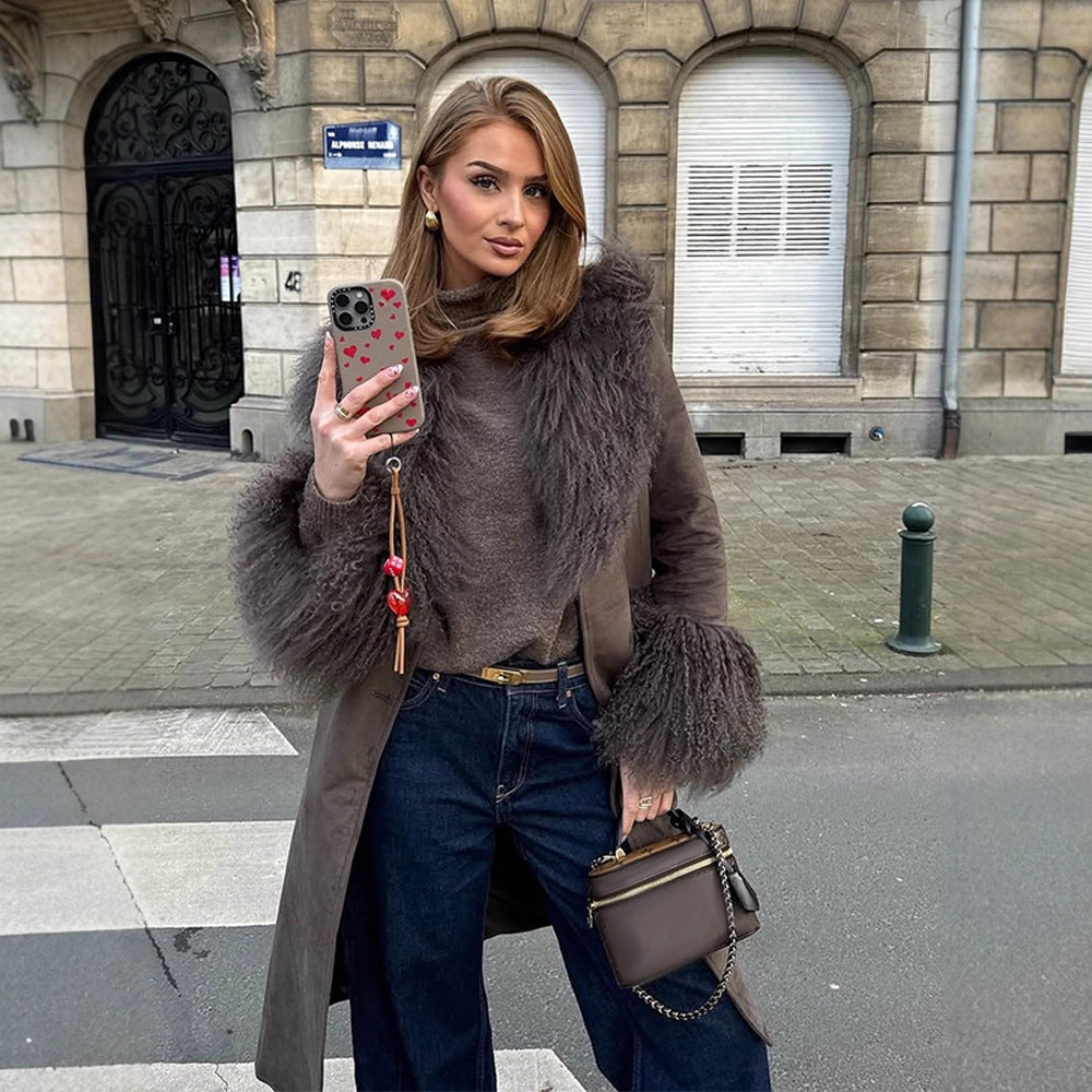 Damen Mantel aus Veloursleder‑Optik mit voluminösem Faux‑Fur‑Schalkragen, Fellmanschetten & Taillengürtel Echoarchiv