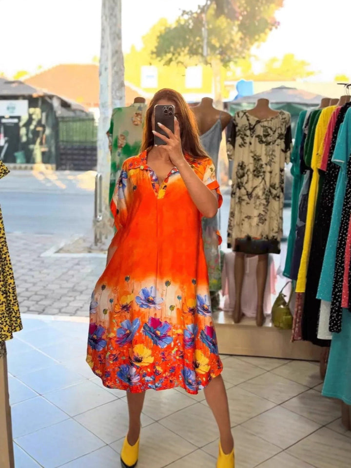 Damen nan leichtes Hemdblusenkleid mit floralem Bordürenprint, offenem V‑Ausschnitt und Einschubtaschen Echo Archiv