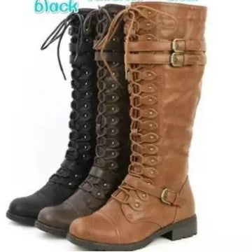 Damen Kniehohe Schnürstiefel mit verstellbaren Zierschnallen und robuster Profilsohle – Lioré