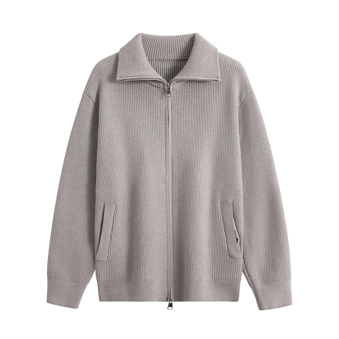 Herren Strick-Zipjacke mit Stehkragen, gerippter Struktur und Oversized-Schnitt Echoarchiv