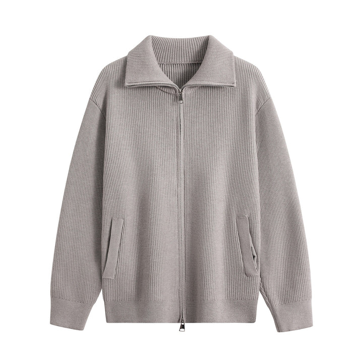 Herren Strick-Zipjacke mit Stehkragen, gerippter Struktur und Oversized-Schnitt Echoarchiv