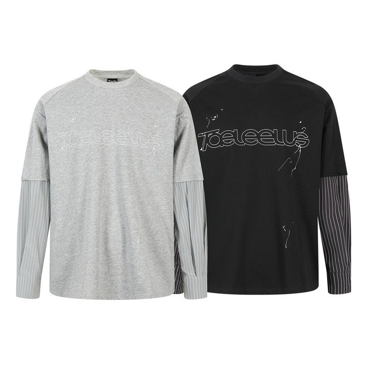 Unisex Lagen-Langarmshirt mit Halbarm-Overlay, gestreiften Einsatzärmeln und Ton-in-Ton-Logo Echoarchiv
