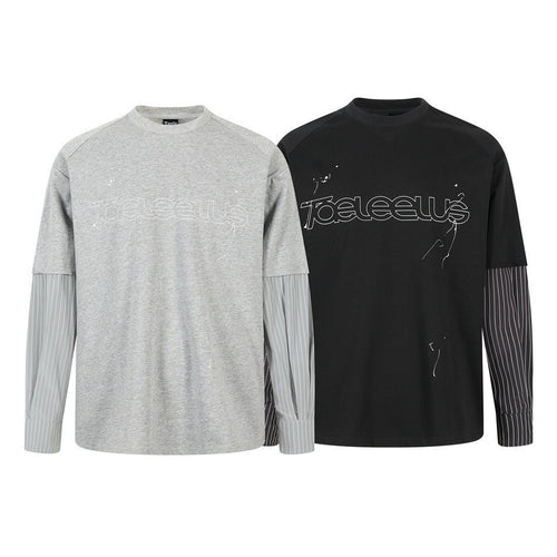 Unisex Lagen-Langarmshirt mit Halbarm-Overlay, gestreiften Einsatzärmeln und Ton-in-Ton-Logo Echoarchiv