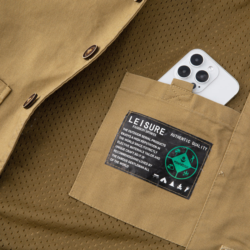 Herren Ärmellose Utility-Canvas-Weste mit V‑Ausschnitt, Knopfleiste und aufgesetzten Taschen Echoarchiv